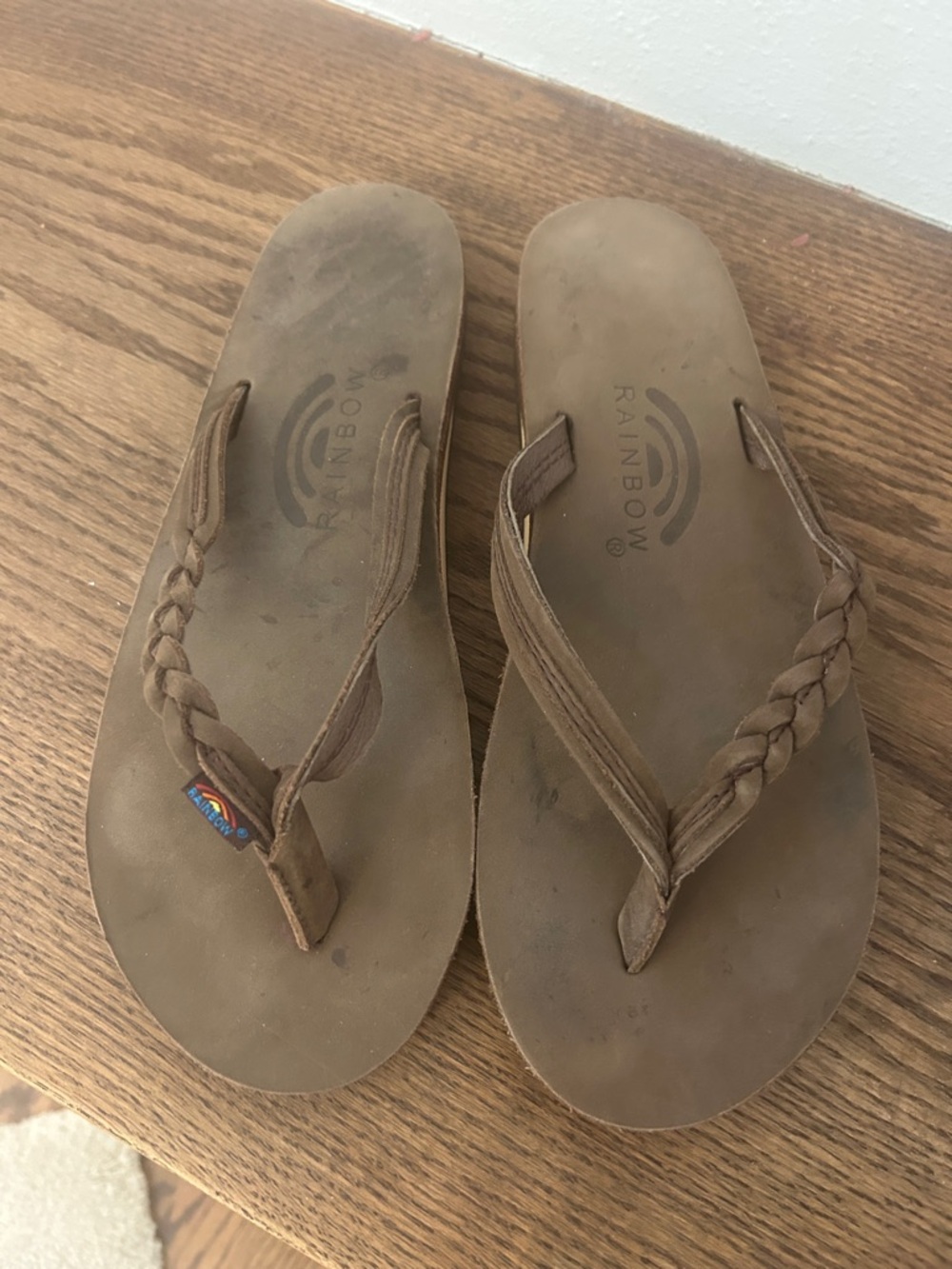 Rainbow Brown Braided Leather Thong Sandals, 7.5